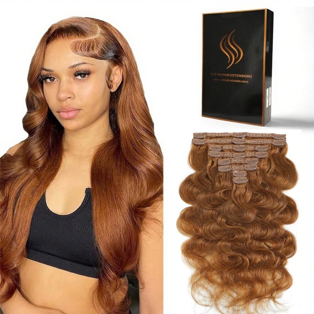 Clip In Hair Extensions Human Hair Body Wave Auburn Ginger 18 Inch 8pcs